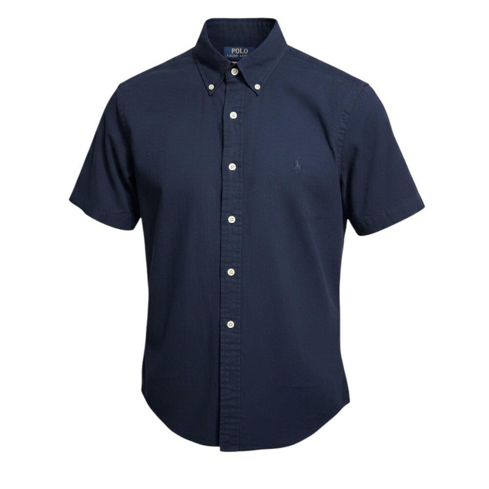 NWT Polo Ralph Lauren Mens RL Untucked Fit Seersucker Solid Navy Blue Small